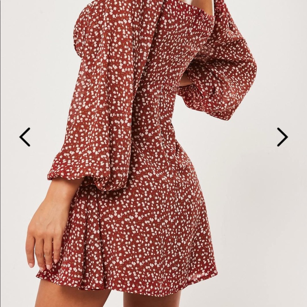 Misguided Burgundy Print Milkmaid Mini Dress - Picture 2 of 6